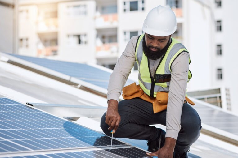 African engineer man, screwdriver and solar panel on roof for maintenance, industry or thinking in city. Technician, builder and tools for photovoltaic tech, helmet and sustainable renewable energy.