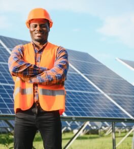 Competent energy engineer in grey overalls and orange helmet checking solar panels while walking on field. African american man carrying clipboard and container with instruments.