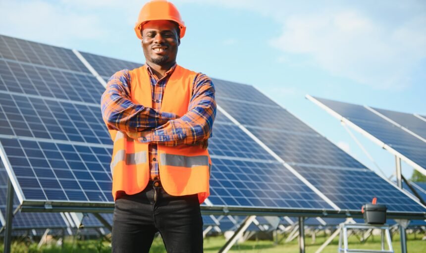 Competent energy engineer in grey overalls and orange helmet checking solar panels while walking on field. African american man carrying clipboard and container with instruments.